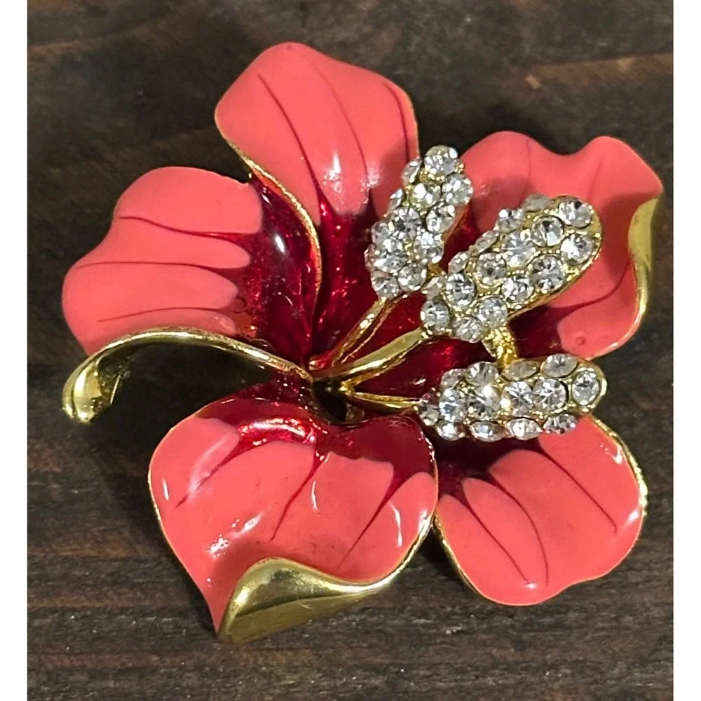 Vtg Hibiscus Flower Brooch Coral Pink Red Enamel Rhinestone Gold Tone Floral Pin